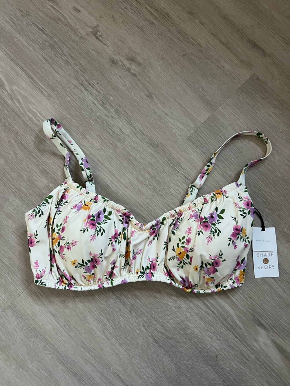 Shade & Shore Cream Floral Bikini Swim Top Pink & Purple Blossoms 36DD NWT